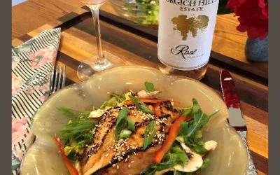 Miso Glazed Pan Seared Atlantic Salmon with a Romaine and Arugula salad