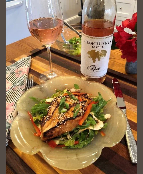 Miso Glazed Pan Seared Atlantic Salmon with a Romaine and Arugula salad