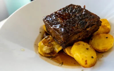 Braised Oxtail with Potato Gratin and Roasted Vegetables