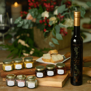 Olive oil, salts, jams, and mustards