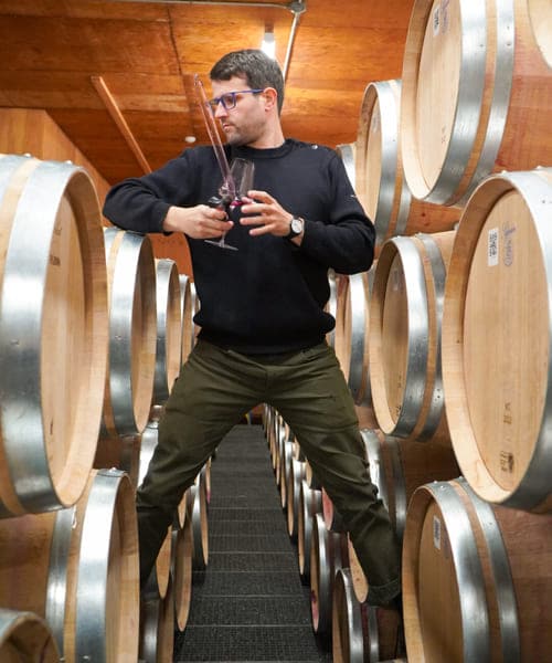 05-24 What Does a Napa Valley Winemaker Do barrels sebastian standing on barrels with a wine glass in hand